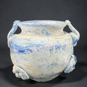 Roman Style Iridescent Blue Glass Vessel Applied Handles Patina Decorative Jar